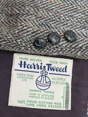 Vintage Harris Tweed Sport Coat Mens 40L Grey Wool Herringbone Red Stripe